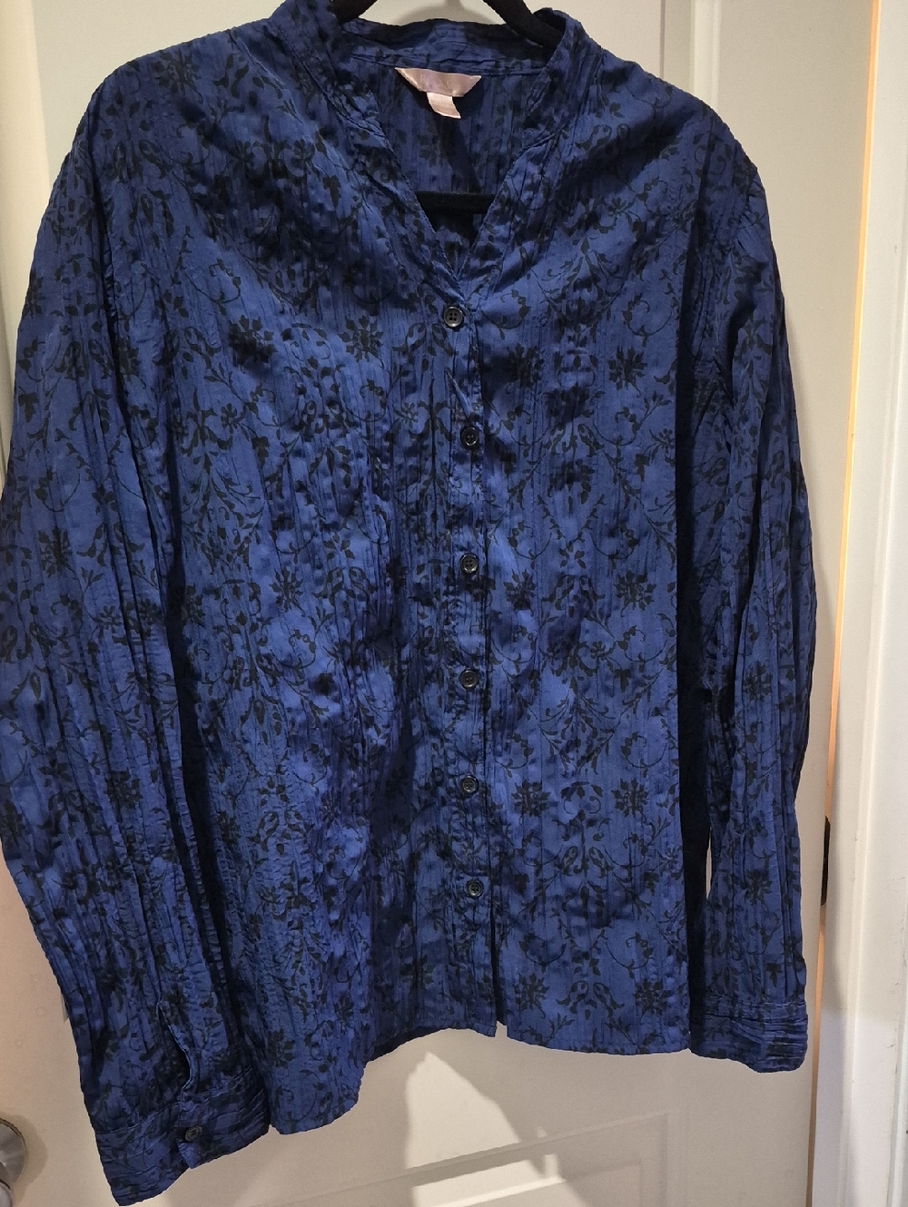 White Stag Blue and Black Floral Button-Up Blouse